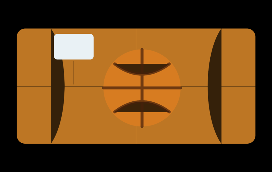 Basketball court, hoop, and ball