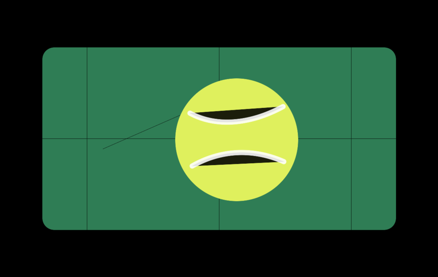 Tennis court, racket, and ball